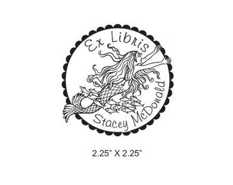 Zeemeermin Zwemmen met Vissen Gepersonaliseerde Ex Libris Rubber Stamp J12