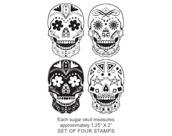 Set of 4  Wood Mounted Sugar Skull Original Art Rubber Stamps 420