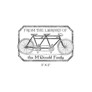 Tandem Bicycle Distressed Antique Frame Personalized Ex Libris Bookplate Rubber Stamp K15