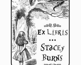 Alice in Wonderland and the Cheshire Cat Personalized Ex Libris Bookplate Rubber Stamp F22