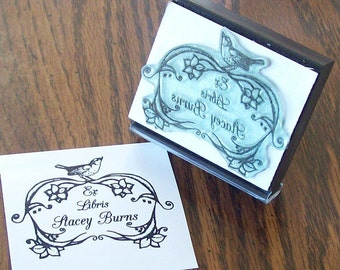 Personalized Sparrow on Floral Swirl Border Ex Libris Library Rubber Stamp B24