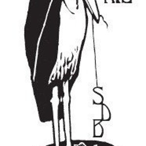 May include: Black and white illustration of a bird with a long beak standing on a circular platform. The text "Ex Libris" is above the bird and the text "SDB" is below the bird. The text "1.4" inches x 3" inches is below the platform.
