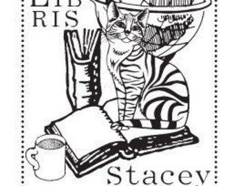 Tabby Cat Personalized Ex Libris Library Rubber Stamp D04