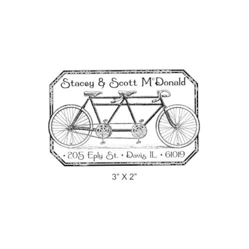 Tandem Bicycle Distressed Antique Frame Custom Return Address Rubber Stamp AD221 image 1