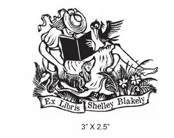 Girl Reading with Dacshund and Crow Personalized Ex Libris Library Stamp  Rubber Stamp D27