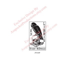 Raven Perched on Human Skull and Book Ex Libris Bookplate Rubber Stamp N04 image 2