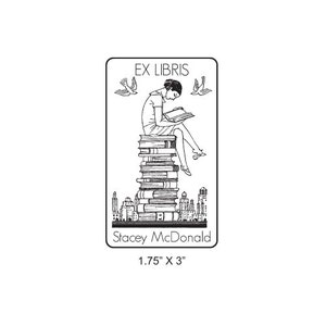 Girl Reading on a Stack of  Books Ex Libris Bookplate Rubber Stamp L04