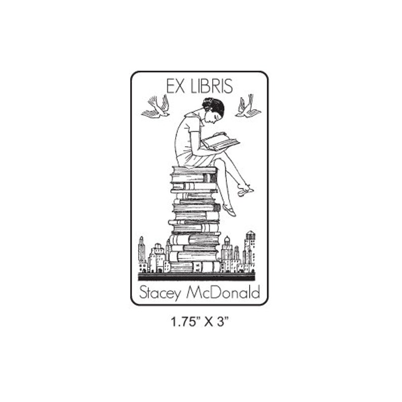 Girl Reading on a Stack of Books Ex Libris Bookplate Rubber Stamp L04 image 1