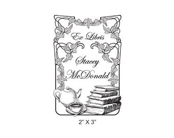 Teapot and Teacup -  Books and Ivy border Ex Libris Library Rubber Stamp L06