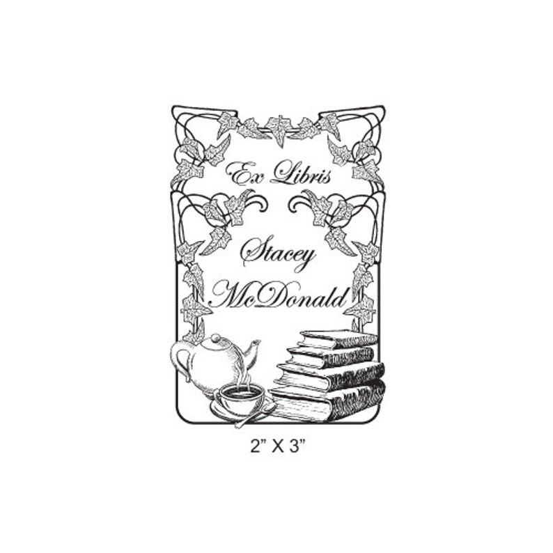 Teapot and Teacup Books and Ivy border Ex Libris Library Rubber Stamp L06 image 1