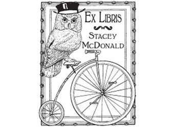 Personalized Owl Bookplate Rubber Stamp: Vintage Penny Farthing Bicycle I21a