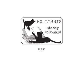 Cats Play on Books Personalized Ex Libris Bookplate Rubber Stamp N08
