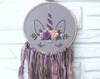 Unicorn Hand Embroidered Dream Catcher Inspired Wall Art Embroidery Hoop Mixed Fiber Fringe Gift Under 75 Modern Embroidery Teen