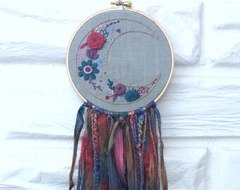 Modern Hand Embroidery Floral Crescent Moon Mixed Fiber Fringe Dream Catcher Inspired Gift Under 50