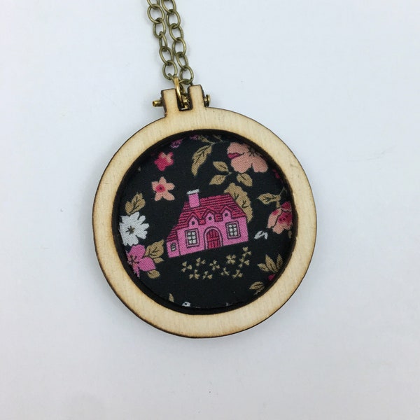 Embroidery Hoop Pendant Fabric Necklace House Woodland Animals Jewelry Gift Under 40 Wooden Pendant Fiber Jewelry