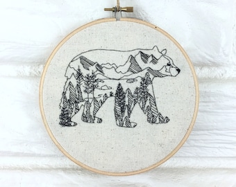 Modern Hand Embroidery Hoop Art Bear Mountains Trees Gift Under 50 Hand Stitched Embroidered Wall Art Nature Rustic Home Decoration 6.5 inch