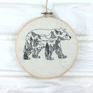 Modern Hand Embroidery Hoop Art Bear Mountains Trees Gift Under 50 Hand Stitched Embroidered Wall Art Nature Rustic Home Decoration 6.5 inch