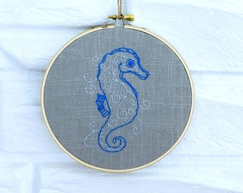 Seahorse Embroidery Hoop Art Modern Hand Embroidery Gift Under 40 Nautical Wall Decor