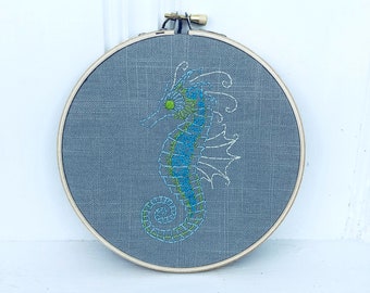 Seahorse Modern Hand Embroidery Nautical Wall Decor Embroidery Hoop Art Gift Under 40