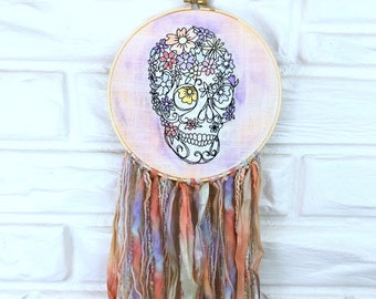 Hand Embroidered Hoop Wall Art Skull Flowers Watercolor Gift Under 60