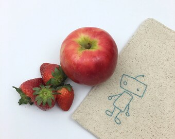 Hand Embroidered Robot Snack Bag Reusable Sandwich Kid Gift Under 15 Lined Bag Lunch Storage Eco Friendly Food Safe No Waste 8x8 inches
