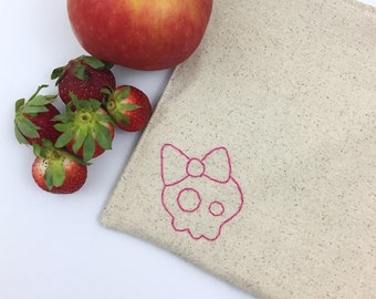 Snack Bag Hand Embroidered Skull Lined Bag Reusable Sandwich Gift Under 15 Lunch Storage Eco Friendly Food Safe No Waste 8x8 inches