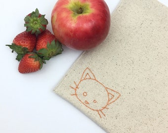 Reusable Sandwich Bag Food Safe Liner Hand Embroidered Cat