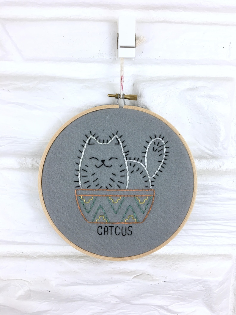 Modern Embroidery Cat Wall Art Cat Gift Under 30 Embroidery Hoop Hand Embroidered Cat Cactus Hand Stitched Home Decor 6.5 inch hoop image 1