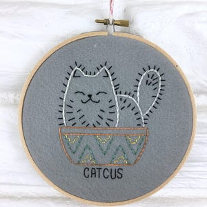 Modern Embroidery Cat Wall Art Cat Gift Under 30 Embroidery Hoop Hand Embroidered Cat Cactus Hand Stitched Home Decor 6.5 inch hoop image 3