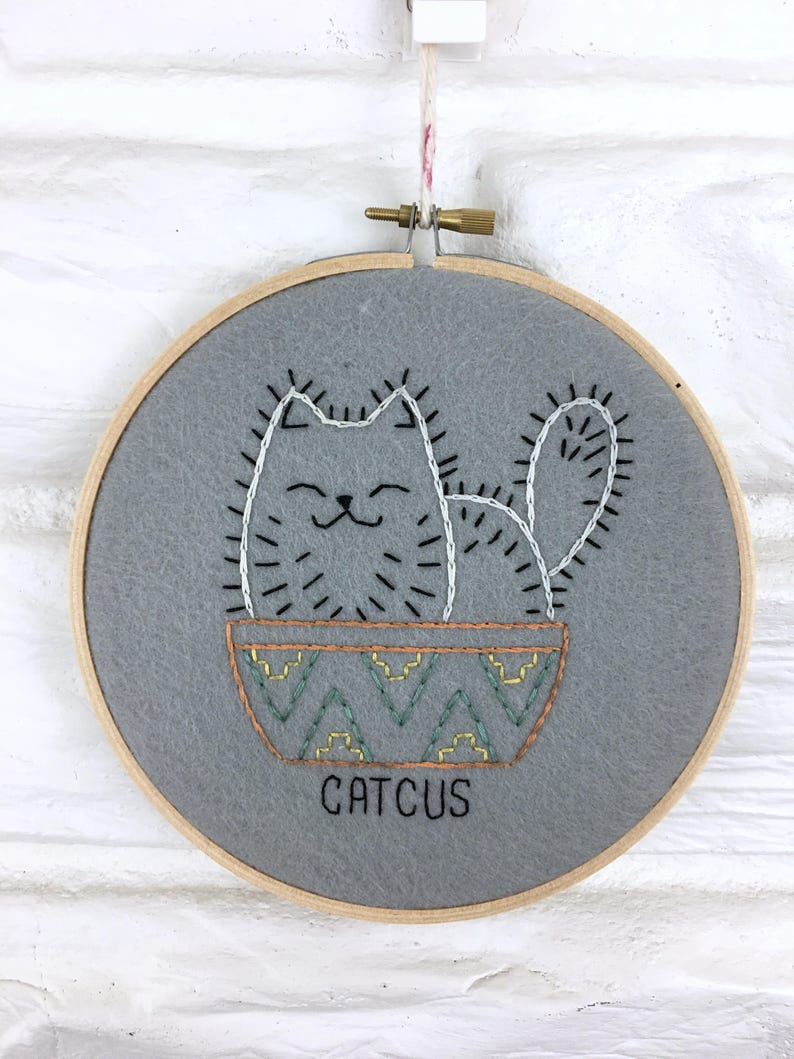 Modern Embroidery Cat Wall Art Cat Gift Under 30 Embroidery Hoop Hand Embroidered Cat Cactus Hand Stitched Home Decor 6.5 inch hoop image 3