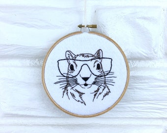 Nerdy Squirrel Hand Embroidered Wall Decor Squirrel Art Big Glasses Modern Embroidery Hoop Art Nerd Gift Under 40