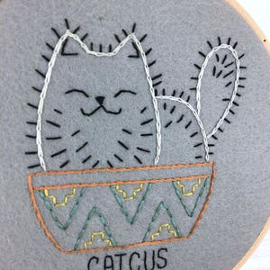 Modern Embroidery Cat Wall Art Cat Gift Under 30 Embroidery Hoop Hand Embroidered Cat Cactus Hand Stitched Home Decor 6.5 inch hoop image 2