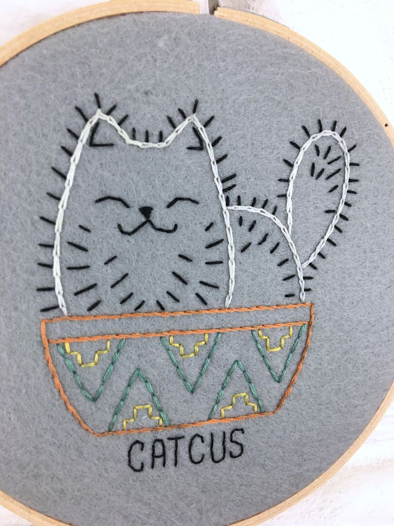 Modern Embroidery Cat Wall Art Cat Gift Under 30 Embroidery Hoop Hand Embroidered Cat Cactus Hand Stitched Home Decor 6.5 inch hoop image 2