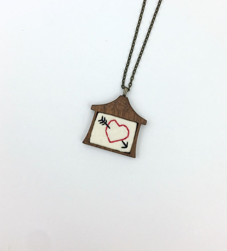 House Jewelry Wooden Pendant Hand Stitched Fiber Arts Home is Where the