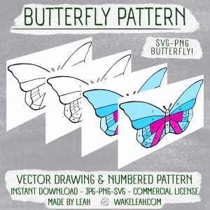 May include: A digital illustration of a butterfly pattern. The image features a series of butterfly outlines, progressing from a simple sketch to a fully colored design with blue and pink wings. Text includes "BUTTERFLY PATTERN" and "SVG-PNG BUTTERFLY!"