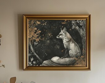 Moonlit Fox Art Print | Mystical Woodland Animal Wall Art | Dark Cottagecore Forest Illustration