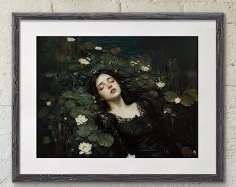 Vintage Ophelia Dark Academia Oil Painting Victorian Art Gothic Dark Romance Wall Print Antique Oil Painting Dark Cottagecore Decor