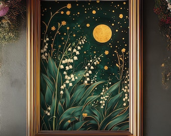 Moonlit Lily of the Valley Art Print | Celestial Botanical Wall Art | Dark Cottagecore Floral Decor