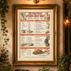 May include: A framed wall art print titled The Practical Kitchen Cheat Sheet, featuring columns for measurements, substitutions, grain yields, appliance shortcuts, and safe internal temperatures with illustrations of kitchen tools and food items.