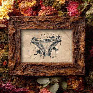 May include: A rectangular wooden frame with a rough, textured surface containing a drawing of underwear on crinkled paper. The illustration features a pair of briefs with lace trim details and dark ink splatters across the background.