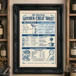 May include: A framed print titled The Practical Kitchen Cheat Sheet featuring blue text and illustrations on a cream background. The chart displays cooking measurements, ingredient substitutions, grain yields, appliance settings, and safe food temperatures.