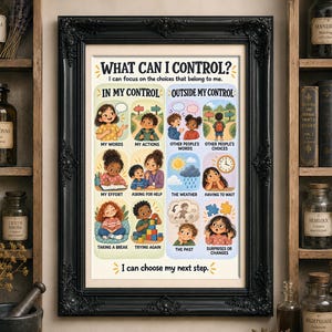 May include: A framed educational poster titled WHAT CAN I CONTROL? featuring illustrations of children. The left side shows IN MY CONTROL actions like my words and effort, while the right side shows OUTSIDE MY CONTROL events like weather and the past.