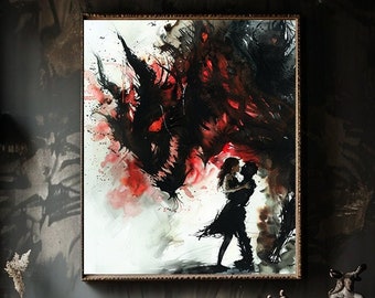 Lámina artística de fantasía oscura para parejas / Romance gótico en acuarela / Arte mural de estilo Dark Academia para amantes / Obra de arte abstracta gótica