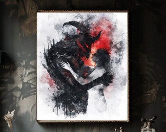 Dark Fantasy Dämon Liebhaber Kunstdruck | Gothic Aquarell Umarmung | Emotionales Dark Academia Kunstwerk