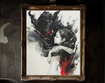 Dark Fantasy Dämon Liebhaber Kunstdruck | Gothic Aquarell Romanze | Abstrakte Kunst