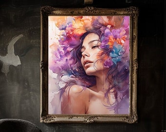 Abstract Floral Woman Watercolor Print | Colorful Feminine Portrait Art | Modern Boho Wall Artwork