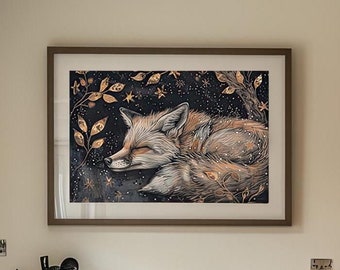 Sleeping Fox Art Print | Celestial Woodland Animal Wall Art | Dark Cottagecore Moonlit Illustration