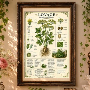 Puede incluir: Una l&aacute;mina bot&aacute;nica enmarcada titulada LOVAGE Levisticum officinale que presenta ilustraciones detalladas de la planta, sus flores, semillas y hojas, acompa&ntilde;adas de texto descriptivo y diagramas sobre un fondo color crema en un marco de madera oscura.