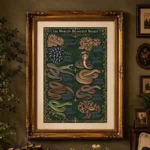 Poster met giftige slangen, overzicht van de dodelijkste slangensoorten, vintage reptielenprint, gotische natuurhistorische kunst, groen en goud