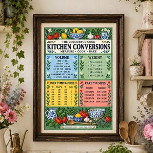 May include: A framed kitchen conversion chart print featuring illustrations of vegetables and kitchenware. The text includes volume, weight, oven temperatures, and cake tin sizes in both imperial and metric units, with a decorative floral border.